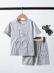 Toddler Boys Cartoon Embossed Casual T-Shirt And Shorts Set, Summer - Grey - View 1
