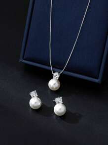 3pcs/Set Minimalist Faux Pearl Pearl & Zirconia Stone Stud Earrings, Necklace Suit, Elegant For Engagement, Party, Everyday Wear, Mother's Day Gift Ide