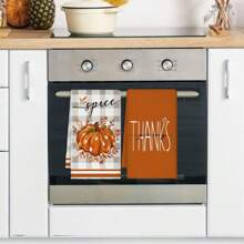 2 件套，秋季南瓜枫叶图案毛巾，感恩节南瓜蜡烛装饰毛巾，新款格子向日葵图案厨房餐厅聚会洗碗布，速干吸水洗碗巾 - 橘色 - 查看 6