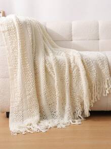 1pc Solid Color Bedspread, American Style Tasseled Acrylic Rectangular Blanket, Knitted Throw Blanket For Office Nap, Sofa Cover - Beige - View 3
