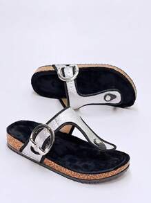 roulvxiang New Classic Black Flip Flop Slippers, Casual For Home, Vacation, Beach, Vintage Rhinestone Sequin Soft Cushion Ladies Shoes - Silver - View 2