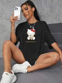 Sanrio 1 Pc Hello Kitty Women Casual Cartoon Print Round Neck Short Sleeve T-Shirt Graphic Shoulder Tees Women Tops Loungewear Base Layers Summer For Women Kuromi My Melody Hello Kitty Items