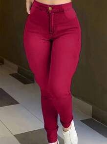 Women's Stretch Skinny Jeans - Classic Slim-Fit Denim Pants With Zip & Button Closure, High-Waisted Comfortable Everyday Jeans - 酒紅色 - 查看 2
