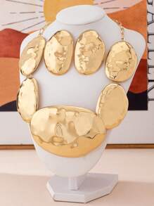 3 件/套夸张朋克奢华超大不对称椭圆金属金吊坠耳环项链套装，适合女性日常装扮 - 金黃色 - 查看 14