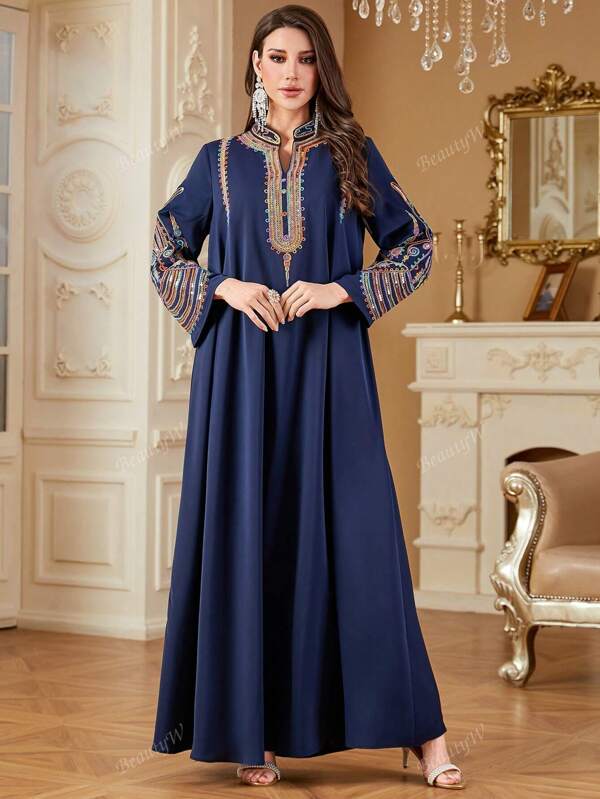 Vestido bata larga bordado sencillo, vestido holgado estilo árabe/turco modesto para mujer