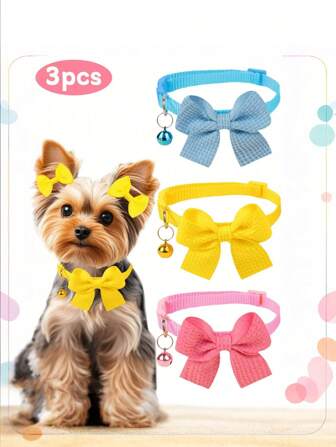 3 pezzi Collare per cani a quadri con fiocco, semplice e carino per il grooming dello Yorkshire Terrier, regolabile