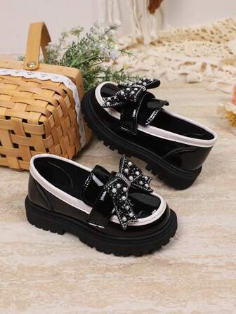 1 Pair New Fashion Cute Bowknot PU Pearl Hook & Loop Non-Slip Durable Girls Shoes, Comfortable Versatile Design Suitable For Outdoor, Daily, Party, School Wear In Spring And Autumn, Mary Jane Loafers