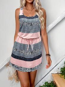 Plus damska letnia sukienka bez rękawów z okrągłym dekoltem i ściągaczem w bloki kolorów z nadrukiem