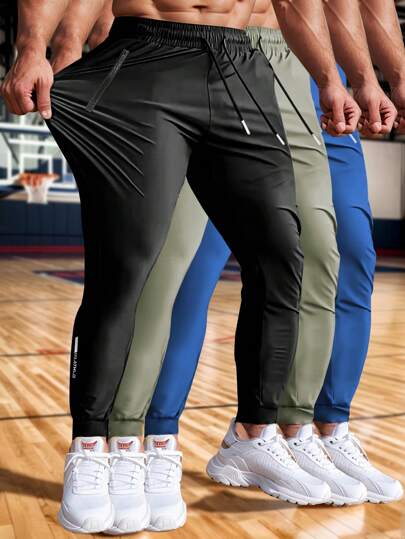 Men's High Elastic English Reflective Zipper Pocket Drawstring Ankle-Length Pants, Lightweight Casual Sports Trousers Suitable For Running, Workout, Hiking, Cycling, Spring & Autumn