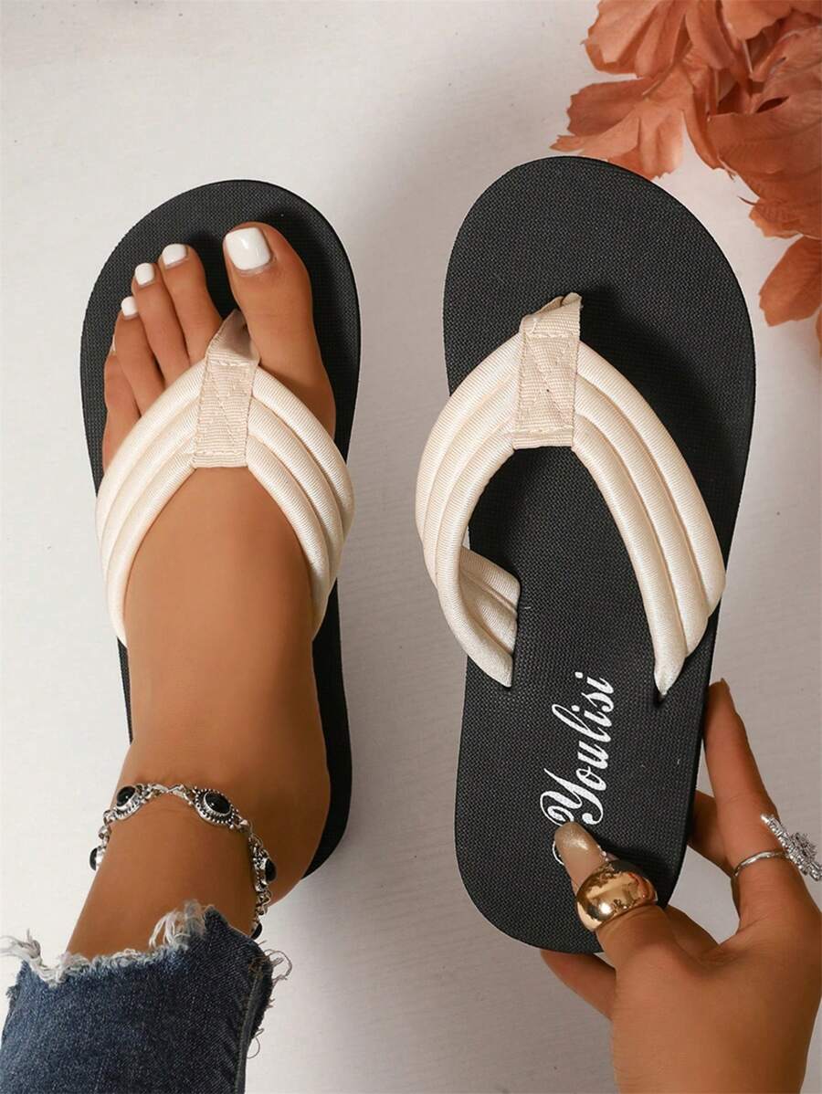 Casual Flat Flip Flop Sandals For Women, 2025 Spring/Summer New Non-Slip Flat Heel Beach Shoes - Beige - View 1