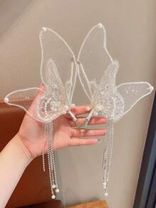 2pcs/Set Teen Butterfly Wing Tassel Hair Clips, Girls Performance Hair Accessories - White - View 6