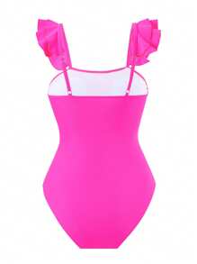 Women Fluorescent Pink Double Ruffle Trim One-Piece Swimsuit - Pink - View 3