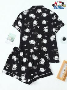 Set de pijama de 2 piezas con parte superior de manga corta con cuello y bolsillo con botón, y pantalón corto de lazo con estampado de Pochacco de Sanrio, ropa de estar en casa informal para mujer, primavera/verano