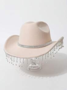 1pc Women's Solid Color Teardrop Rhinestone Tassel Western Cowboy Hat, Casual Travel, Party, Wedding, Celebration, Jazz Hat, Felt Hat, Gift, Dancing, Celebration