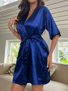 1pc Women's Solid Color Short Sleeve Bathrobe, Suitable For Spring/Summer Wear At Home, Solid Color Short Sleeve Bathrobe - Suitable For Spring/Summer, Home, Hotel, Party And Other Occasions, Can Also Be Worn In Winter - 118-blue - View 4