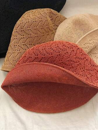 1. Women's Hollowed Out Breathable UV Resistant Bucket Hat, Bohemian Solid Color Style Bucket Hat, Polyester Fiber (Polyester) Double-Sided Fashionable Multifunctional Woven Hat, Suitable For Outdoor Travel/Camping Essential In Spring, Summer, Autumn And Other Seasons