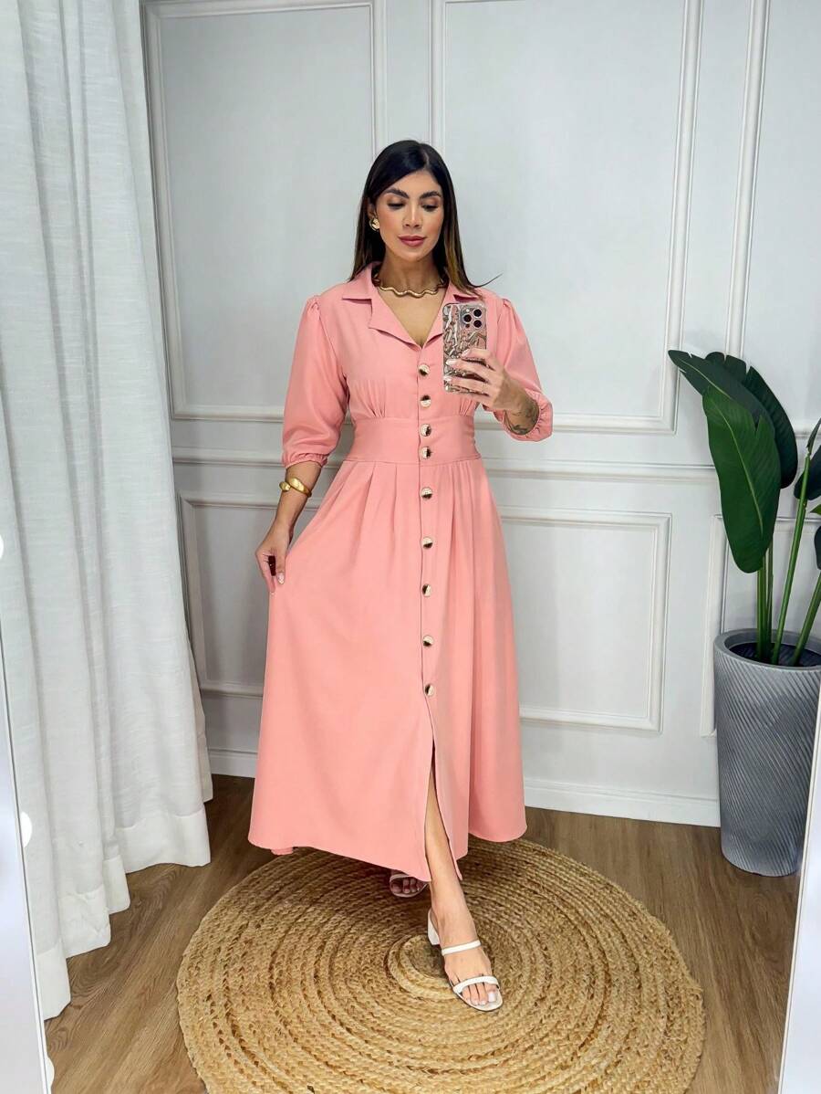 Midi Shirt Dress - Màu Cam san hô - Xem 1