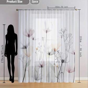 2 Pcs Floral Pattern Window Curtains, Home Textile Window Decoration, Digital Printed Curtain With Rod Pocket, Made Of Polyester, Suitable For Living Room, Kitchen, Bedroom, Study Room, Dining Room