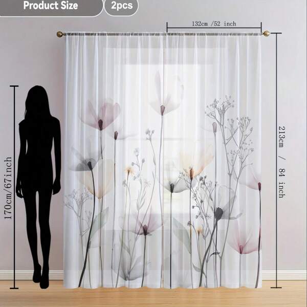 2 Piezas Cortinas de ventana con estampado floral, decoración de ventana para el hogar, cortinas con estampado digital y ojales, hechas de poliéster, adecuadas para sala de estar, cocina, dormitorio, estudio, comedor
