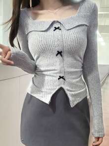 Retro American Style Bowknot Collar Long Sleeve T-Shirt For Women, Waist Cinched Slim Fit Casual Tee