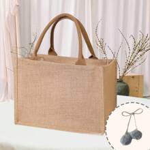 个性化姓名绒球蝴蝶结装饰亚麻手提袋，定制伴娘包及配饰，大容量印花手提袋，字母沙滩手提袋，个性化礼品袋，带姓名的亚麻手提袋，适合婚礼、生日、海滩和假期、伴娘、学生和海滩郊游 - 彩色 - 查看 7