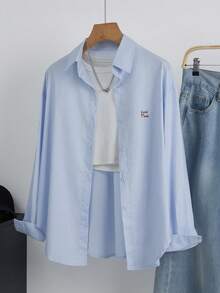 Women's Casual Versatile Simple Letter Embroidered Shirt - Sky Blue - View 3
