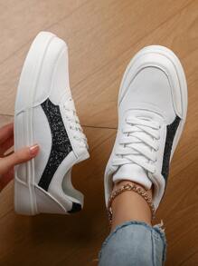 New Casual Simple Fashion Comfy PU Leather Low-Top Lace-Up Flat Skateboard Sneakers, Anti-Slip Shock-Absorbing Sports Shoes For Teenage Girls & Students, Suitable For Outdoor Activities And Daily Wear