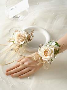 2件套腕花和胸花套装，优雅的香槟玫瑰珍珠手链腕花，适合新娘伴娘婚礼佩戴；金色叶子胸花，完美适用于新郎伴郎婚礼装饰、舞会、庆典、周年纪念礼物、情人节配饰。 - 彩色 - 查看 10