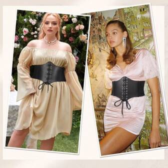 1pc Vintage Lace-Up Bustier, Solid Color Elastic Waist Cincher, Slimming Adjustable Corset Waist Belt For Outdoor Wear