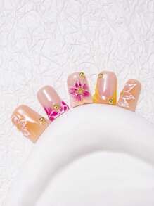 10pcs/Set Handmade Y2K Duck Mouth Nail With French Tip, AB Rhinestone, Flower & Bow Decor, Nude, Pink And White Color Options, Suitable For Party, Wedding, Daily Wear, Comes With Tool Kit, Great Gift For Women And Girls Nails