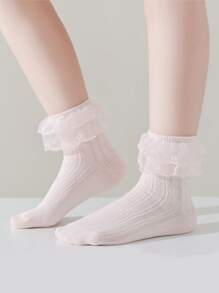 1 Pair Girls Lace Hollow Out Breathable Ruffle Socks, Suitable For Infant Girls And Baby Dress Up