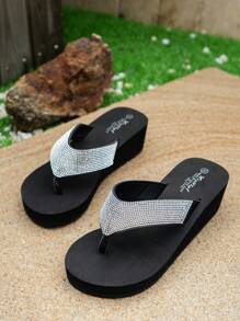 Women's Elegant Vacation Rhinestone Wedge Thong Sandals, Suitable For Beach Wedding, Purple - Black a - View 5