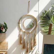 1pc Exquisite Bohemian Round Hanging Wall Mirror With Macrame Fringe - Adds Boho Chic Touch To Bedroom, Living Room - Aesthetic Glass Home Decor For Modern Space