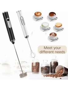 1 pièce Mousseur à lait électrique portatif, noir/blanc, batteur électrique à café avec 2 têtes de batteur remplaçables en acier inoxydable, 3 vitesses, mousseur rechargeable par USB, mousseur à lait pour café, lait, œufs, chocolat chaud