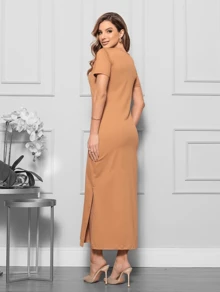 Casual Long Dress 100% Cotton Side Slit - 卡其色 - 查看 2