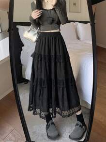 黑色蕾丝边蛋糕裙，高腰显瘦A字中长裙，2026春季新款 - 黑色 - 查看 5