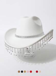 1pc Women's Solid Color Teardrop Rhinestone Tassel Western Cowboy Hat, Casual Travel, Party, Wedding, Celebration, Jazz Hat, Felt Hat, Gift, Dancing, Celebration