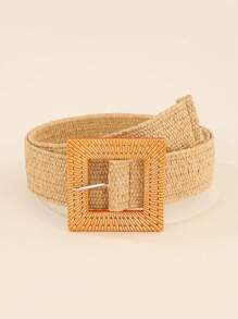 2pcs Set Fashionable Geometric Buckle Solid Color Bohemian Style Summer Beach Woven Elastic Waist Belt For Women - A - View 5