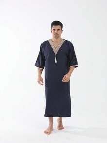 Męski marokański kaftan, południowo-wschodnioazjatycki malezyjski swobodny szlafrok z 3/4 rękawami w jednolitym kolorze z frędzlami i dekoltem w serek