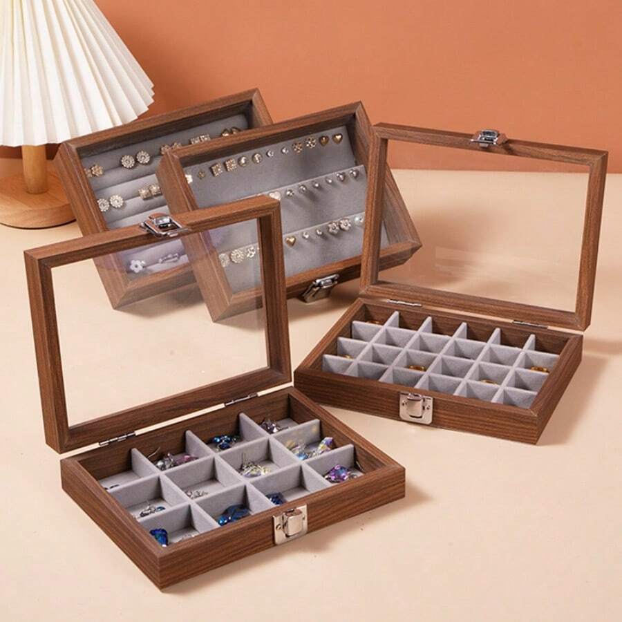 1 pièce Boîte à bijoux anti-poussière avec motif noyer noir, avec couvercle pour ranger bracelets, colliers, bagues, boucles d'oreilles. Décoration de chambre, cadeau de la Saint-Valentin - Marron - Voir 1