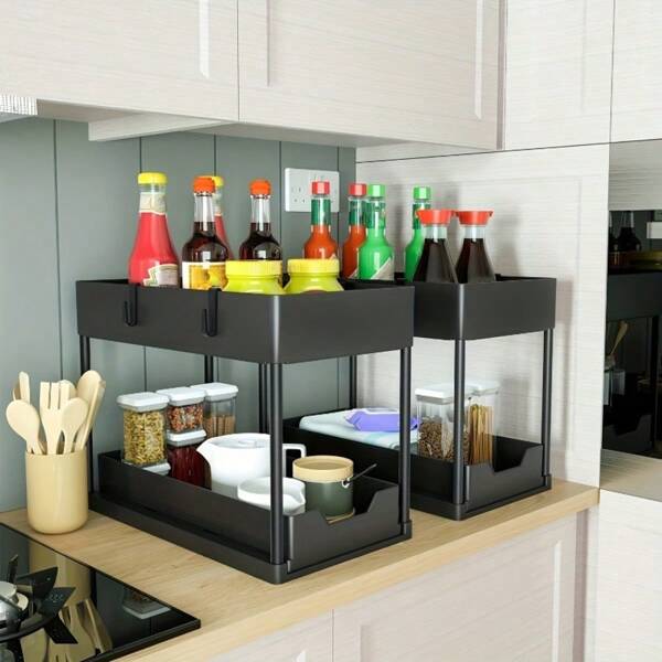 1pc 2-Tier Sliding Drawer Sink Organizer Box, Durable ABS Plastic With Carbon Steel Support Bars, Ideal For Kitchen And Bathroom Storage, Black