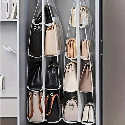 1pc 6/8 Grids Space Saving Bag Organizers, Multi Layer Hanging Handbag Purse Organizer For Wardrobe Closet, Bag Storage Holder,Foldable Design For Easy Storage When Not In Use, Easy To Carry. Suitable For Your Bedrooms, Living Rooms, Hallway, Closet, Wardrobe Or Shelves, Etc.