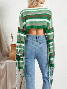 Women's Spring Cropped Knit Tops Stripe Print O-Neck Tassel Long Sleeve Spring Loose Sweaters Knitwear - Green - View 7