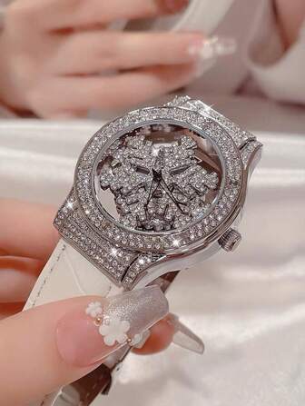 1 Pieza Reloj De Moda Para Mujer Con Parte Trasera Transparente, Incrustaciones De Diamantes, Esfera Giratoria Del Cielo Estrellado, Patrón De Copo De Nieve, Caja De Acero Inoxidable, Banda Blanca, Reloj De Cuarzo Resistente Al Agua, Perfecto Para Regalo De Citas Y Uso Diario Para Mujer