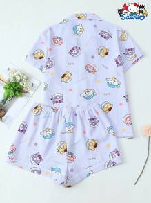 Set de 2 piezas autorizado por Sanrio con parte superior de manga corta de escote en V con bolsillo y pantalón corto con lazo, adecuado para usar en casa en primavera/verano