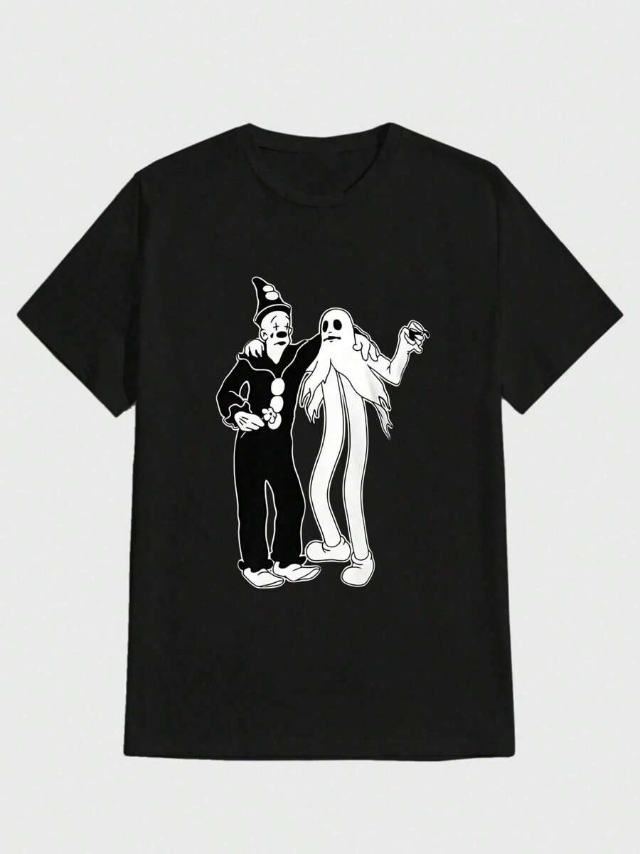 Koko el Payaso y el Fantasma Camiseta Casual Digital Impresa de Puro Algodón Pesado - Negro - Ver 1
