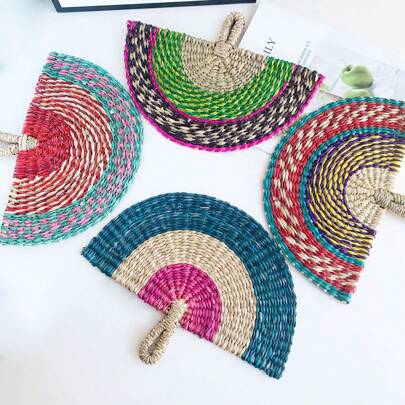 Handmade Woven Wall Hanging Colorful Hanging Fan, Daily Used Hand-Held Cooling Seagrass Fan, Two-Tone Luxury Decorative Fan Gifts Birthday Graduation