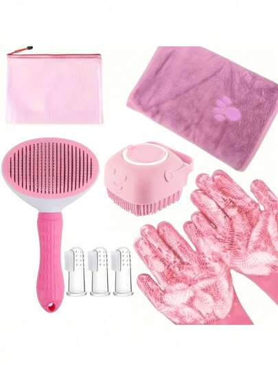 8pcs Dog Bath Brush Kit With Towel & Washing Gloves, Slicker Hair Grooming Brush For Shedding, Shampoo Scrubber For Dogs And Cats
