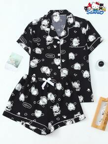 Set de pijama de 2 piezas con parte superior de manga corta con cuello y bolsillo con botón, y pantalón corto de lazo con estampado de Pochacco de Sanrio, ropa de estar en casa informal para mujer, primavera/verano