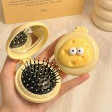 1pc Cartoon Cheeses Inflatable Folding 2-In-1 Mirror Comb, Portable Air Cushion Volumizing Hair Brush For Women